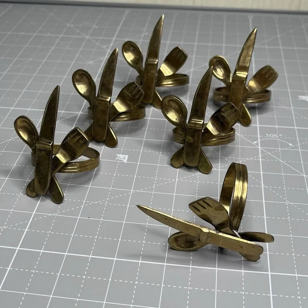 Lot Of 6 Brass MCM Napkin Holders Spoon Fork Knife Flatware Theme Table Setting